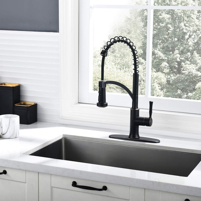 GUUKAR Bronze Kitchen Faucet with Pull Down Sprayer, Oil Rubbed Bronze Single Handle High Arc Commercial Farmhouse Kitchen Sink Faucet with Deck Plate - Image 2